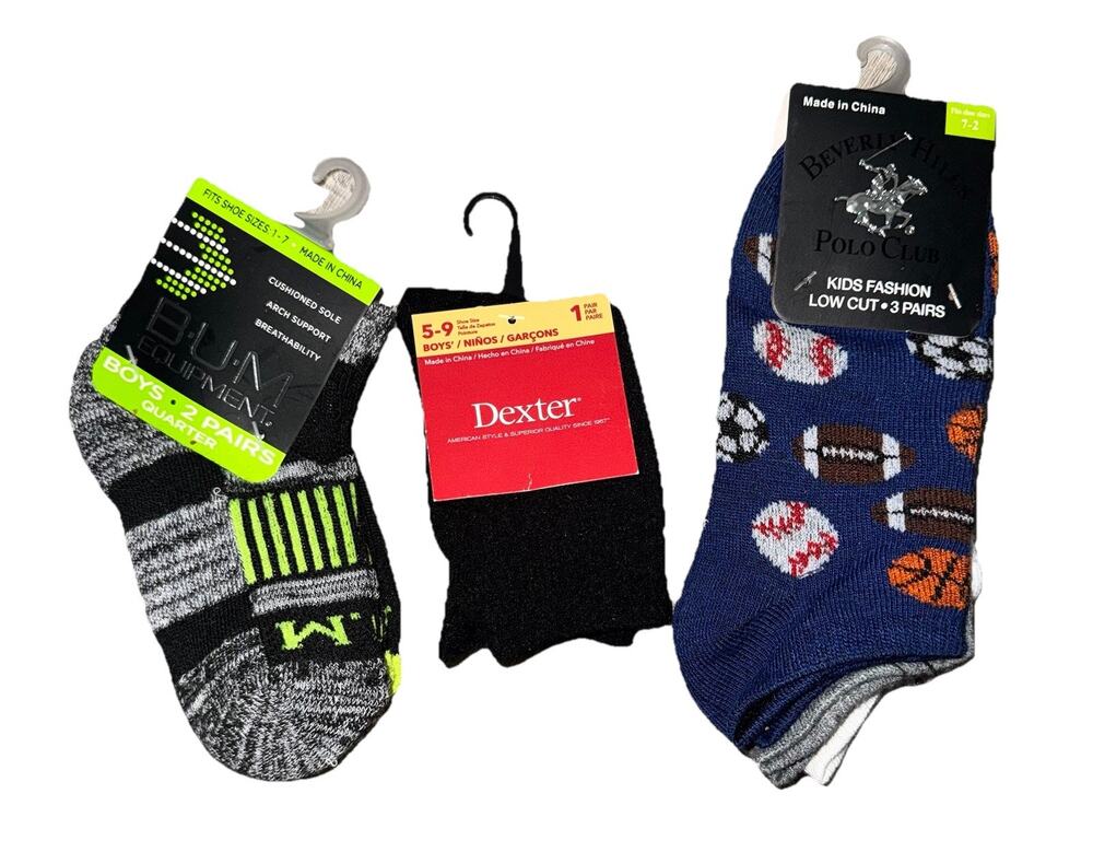 Kids Sock Lot 6 Pairs Quantum Dexter Beverly Hills Polo Club Boys Sizes 1-7 7-2